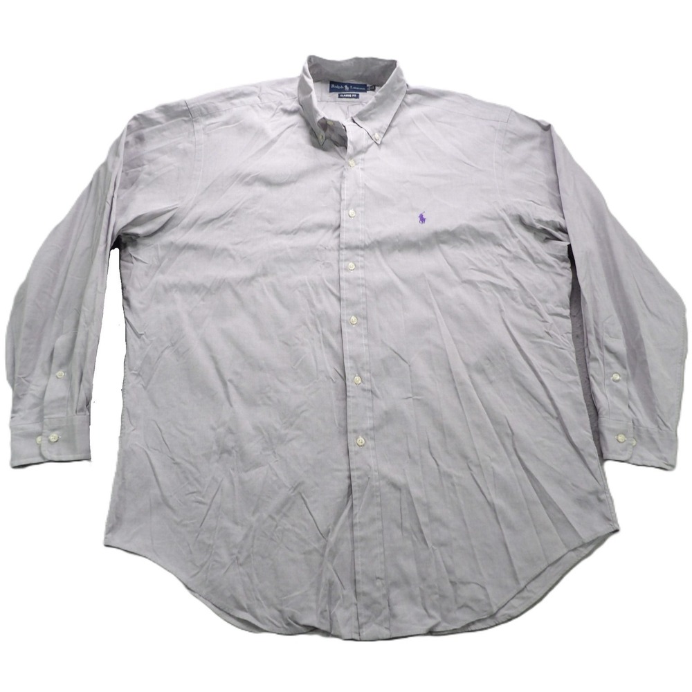 Polo Ralph Lauren Dress Shirt Men Size 17 34-35 Classic Fit Gray Purple Pony EUC